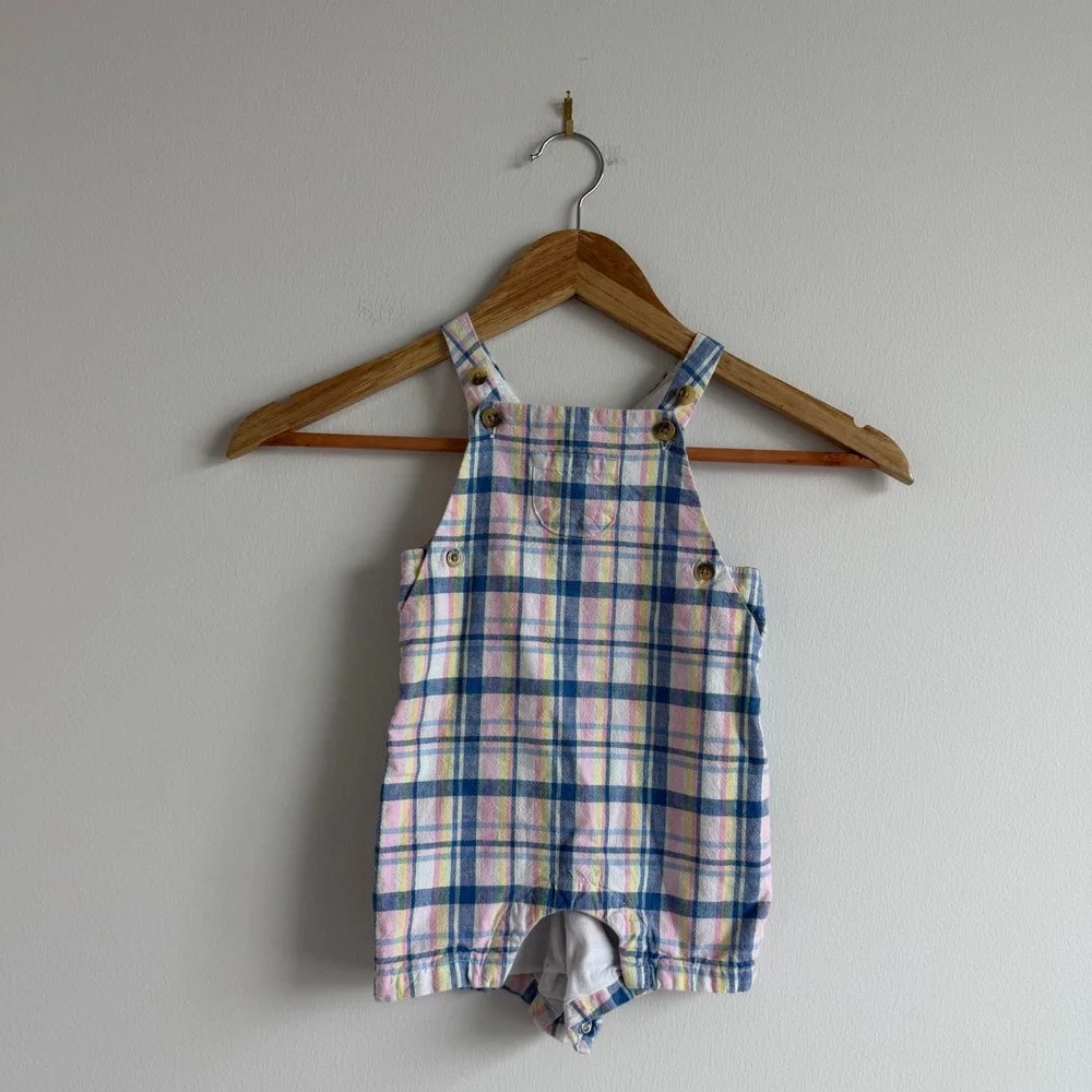 Janie and Jack Baby Blue and‎ Pink Plaid Shortalls Size 6-12 Months